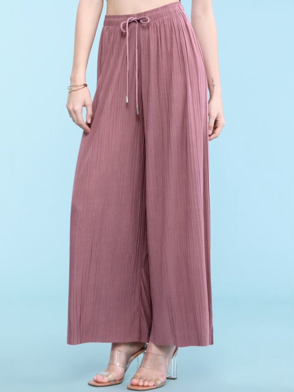 Made by Johnny Mauve Pleated Wide Leg Palazzo Drawstring High Waist Pants